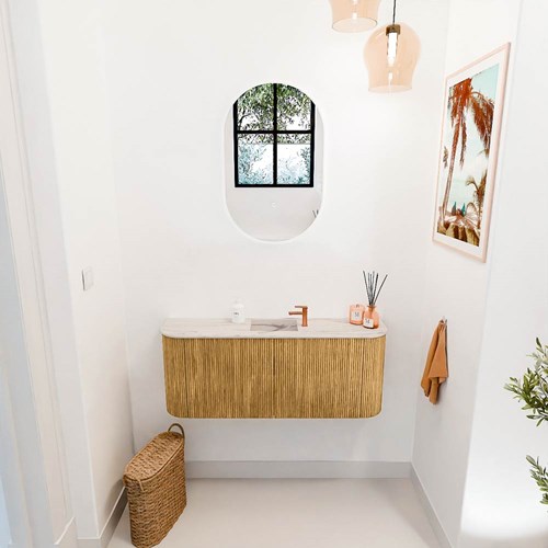 JOYA-DLUX 103,2cm meuble lave-main courbe gauche + droite couleur Oak. Lavabo FAYE position Centrée 1 trou pour robinetter couleur Nata.-2