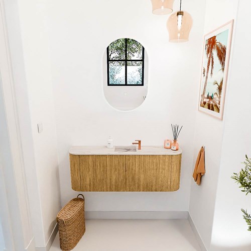 JOYA-DLUX 113,2cm cloakroom vanity set curve left + right color Oak. Vanity top FAYE position Center 1 tab hole color Nata.-2