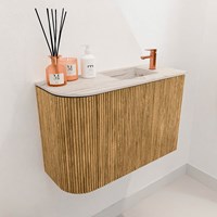 JOYA-DLUX 61,6cm mueble fondo reducido curva izquierda color Oak. Lavabo FAYE posición Derecho 1 orificio color Nata.-3