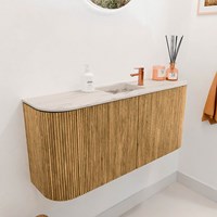 JOYA-DLUX 93,2cm mueble fondo reducido curva izquierda + derecha color Oak. Lavabo FAYE posición Centro 1 orificio color Nata.-3