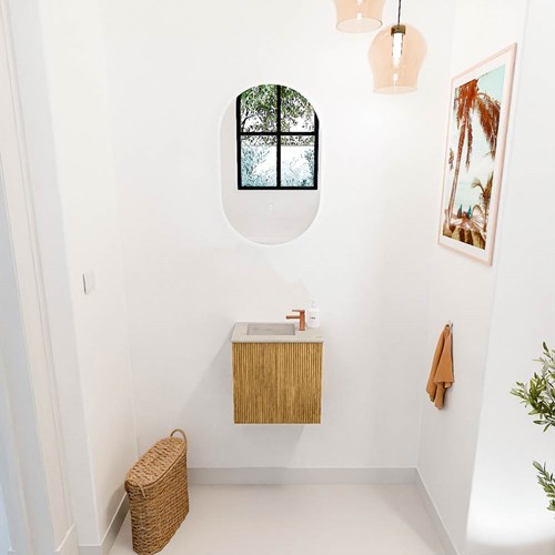 JOYA-DLUX 40cm mueble fondo reducido color Oak. Lavabo FAYE posición Izquierda 1 orificio color Opalo.-2