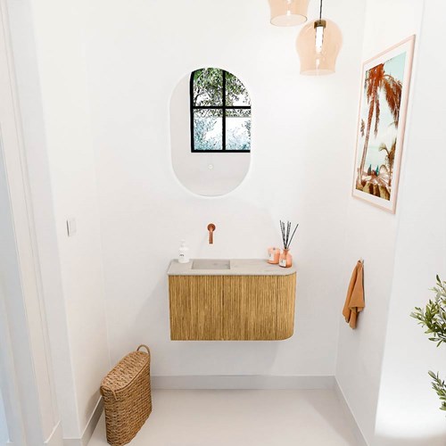 JOYA-DLUX 71,6cm mueble fondo reducido curva derecha color Oak. Lavabo FAYE posición Izquierda sin orificio color Opalo.-2