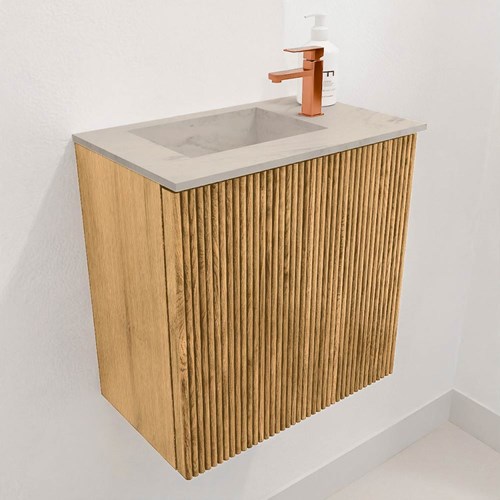 JOYA-DLUX 40cm mueble fondo reducido color Oak. Lavabo FAYE posición Izquierda 1 orificio color Opalo.-3