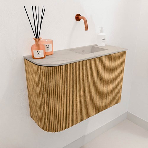 JOYA-DLUX 61,6cm mueble fondo reducido curva izquierda color Oak. Lavabo FAYE posición Derecho sin orificio color Opalo.-3