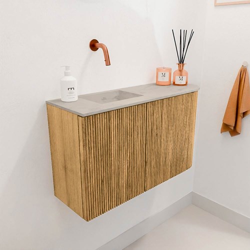 JOYA-DLUX 71,6cm mueble fondo reducido curva derecha color Oak. Lavabo FAYE posición Izquierda sin orificio color Opalo.-3