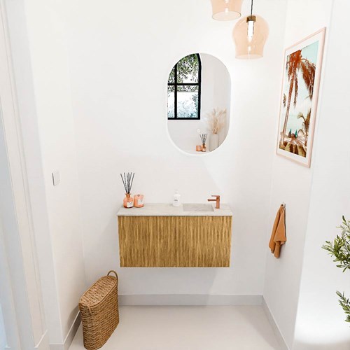 JOYA-DLUX 80cm mueble fondo reducido color Oak. Lavabo FAYE posición Derecho 1 orificio color Ostra.-2