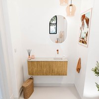 JOYA-DLUX 101,6cm cloakroom vanity set curve left color Oak. Vanity top FAYE position Right without tab hole color Ostra.-2