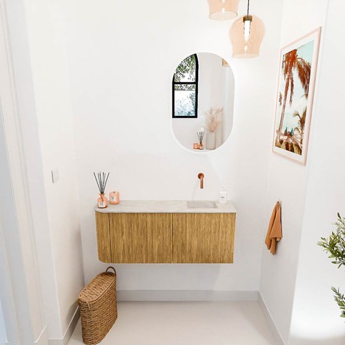 JOYA-DLUX 101,6cm cloakroom vanity set curve left color Oak. Vanity top FAYE position Right without tab hole color Ostra.-2