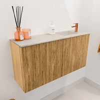 JOYA-DLUX 80cm mueble fondo reducido color Oak. Lavabo FAYE posición Derecho 1 orificio color Ostra.-3