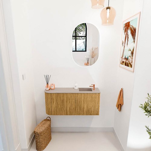 JOYA-DLUX 91,6cm toiletmeubel ronding links kleur Oak. Wastafel FAYE positie Rechts 1 kraangat kleur Saba.-2