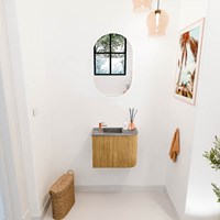 JOYA-DLUX 51,6cm mueble fondo reducido curva derecha color Oak. Lavabo FAYE posición Izquierda 1 orificio color Sombra.-2
