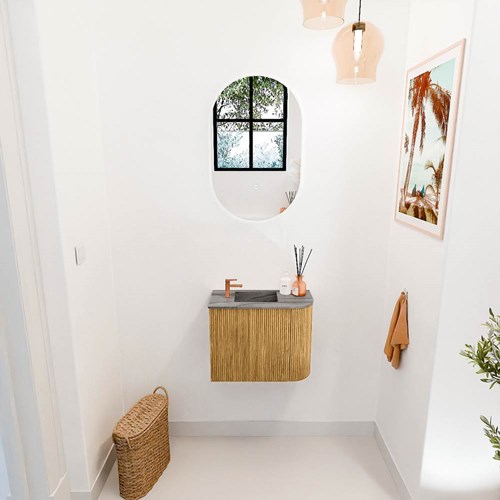 JOYA-DLUX 51,6cm mueble fondo reducido curva derecha color Oak. Lavabo FAYE posición Izquierda 1 orificio color Sombra.-2