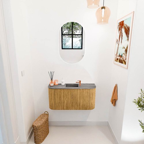 JOYA-DLUX 83,2cm cloakroom vanity set curve left + right color Oak. Vanity top FAYE position Center 1 tab hole color Sombra.-2