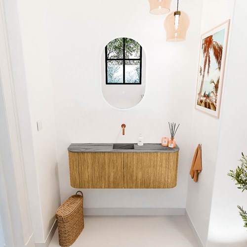 JOYA-DLUX 113,2cm meuble lave-main courbe gauche + droite couleur Oak. Lavabo FAYE position Centrée sans trou pour robinet couleur Sombra.-2