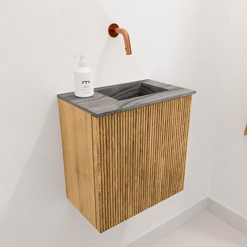 JOYA-DLUX 40cm mueble fondo reducido color Oak. Lavabo FAYE posición Derecho sin orificio color Sombra.-3