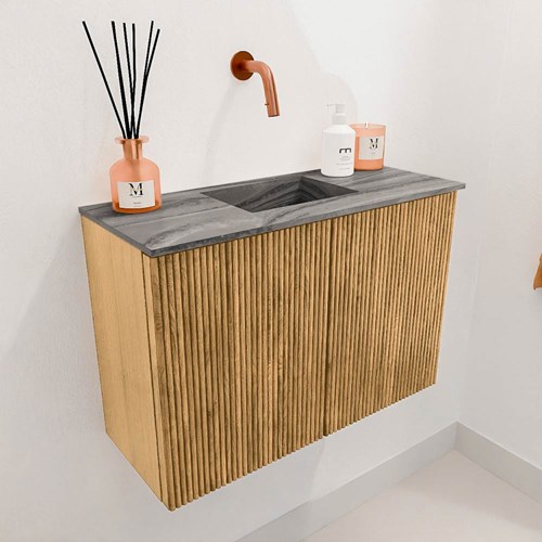 JOYA-DLUX 60cm mobile lavabo colore Oak. Lavabo FAYE posizione Centro senza foro per il rubinetto colore Sombra.-3
