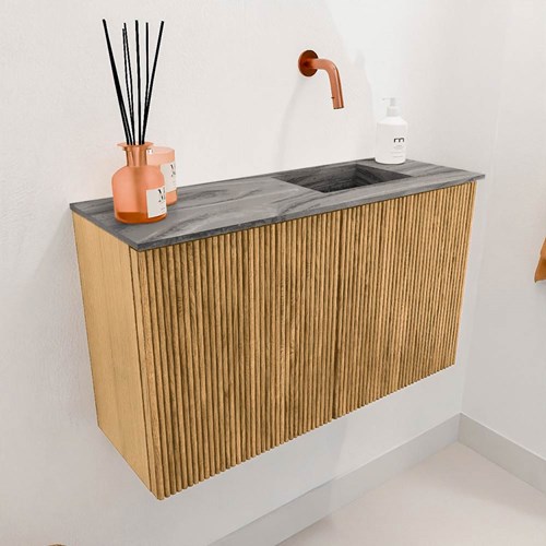 JOYA-DLUX 70cm toiletmeubel kleur Oak. Wastafel FAYE positie Rechts Zonder kraangat kleur Sombra.-3