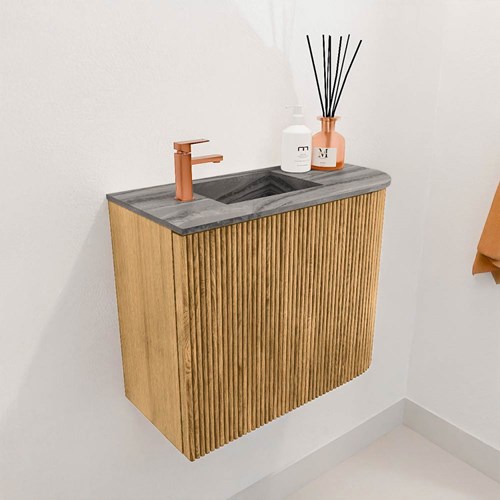 JOYA-DLUX 51,6cm mueble fondo reducido curva derecha color Oak. Lavabo FAYE posición Izquierda 1 orificio color Sombra.-3