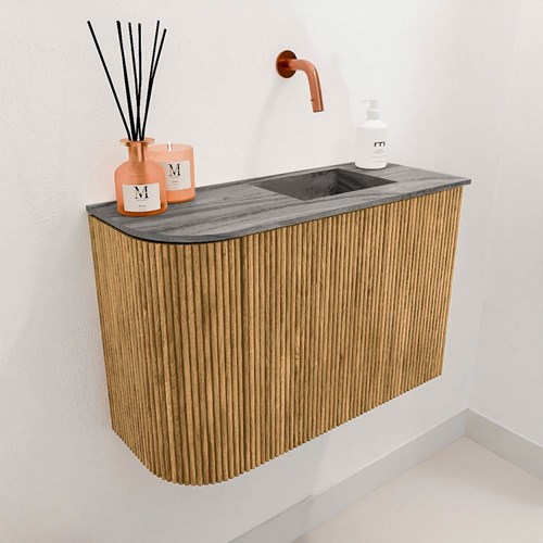 JOYA-DLUX 61,6cm cloakroom vanity set curve left color Oak. Vanity top FAYE position Right without tab hole color Sombra.-3