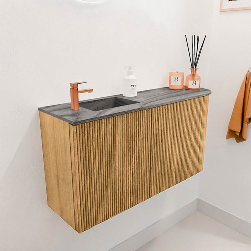JOYA-DLUX 81,6cm mueble fondo reducido curva derecha color Oak. Lavabo FAYE posición Izquierda 1 orificio color Sombra.-3