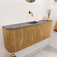 JOYA-DLUX 113,2cm meuble lave-main courbe gauche + droite couleur Oak. Lavabo FAYE position Centrée sans trou pour robinet couleur Sombra.-3
