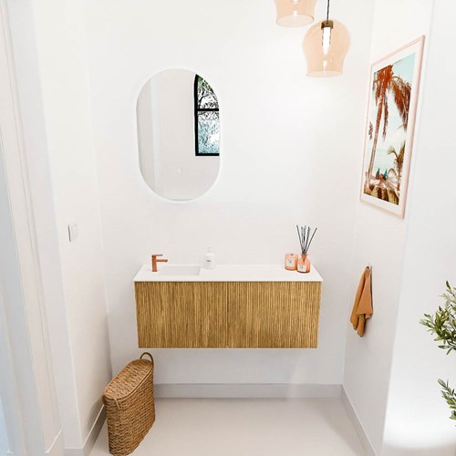 JOYA 100cm toiletmeubel kleur Oak. Wastafel FAYE positie Links 1 kraangat kleur Talc.-2
