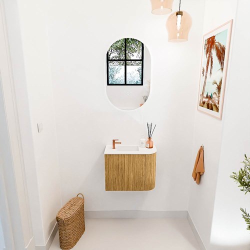 JOYA 51,6cm meuble lave-main courbe droite couleur Oak. Lavabo FAYE position Gauche 1 trou pour robinetter couleur Talc.-2