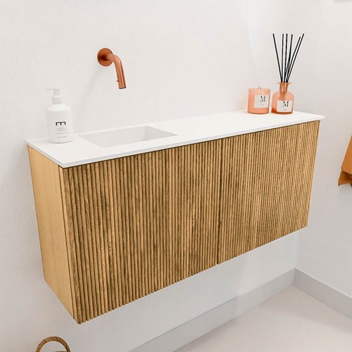 JOYA 90cm meuble lave-main couleur Oak. Lavabo FAYE position Gauche sans trou pour robinet couleur Talc.-3