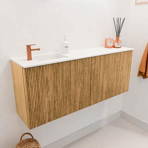 JOYA 100cm toiletmeubel kleur Oak. Wastafel FAYE positie Links 1 kraangat kleur Talc.-3