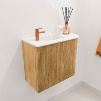 JOYA 51,6cm meuble lave-main courbe droite couleur Oak. Lavabo FAYE position Gauche 1 trou pour robinetter couleur Talc.-3