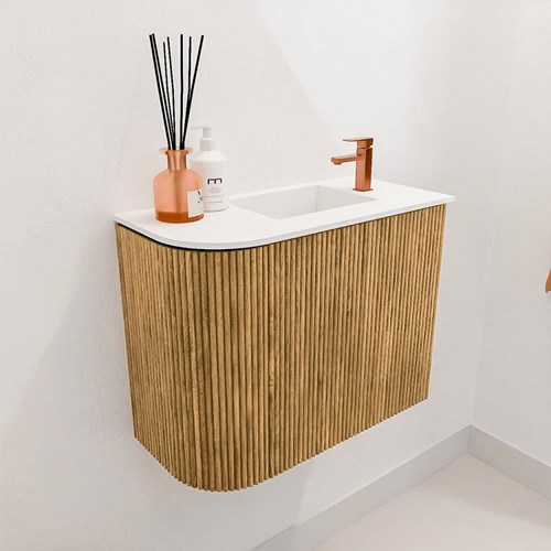 JOYA 51,6cm toiletmeubel ronding links kleur Oak. Wastafel FAYE positie Rechts 1 kraangat kleur Talc.-3