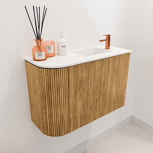 JOYA 61,6cm cloakroom vanity set curve left color Oak. Vanity top FAYE position Right 1 tab hole color Talc.-3