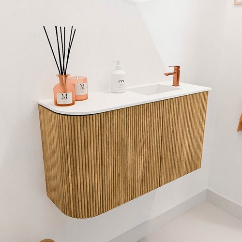 JOYA 71,6cm meuble lave-main courbe gauche couleur Oak. Lavabo FAYE position Droite 1 trou pour robinetter couleur Talc.-3