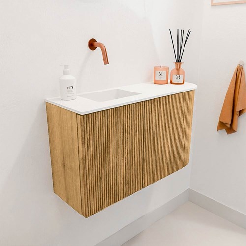 JOYA 71,6cm toiletmeubel ronding rechts kleur Oak. Wastafel FAYE positie Links Zonder kraangat kleur Talc.-3