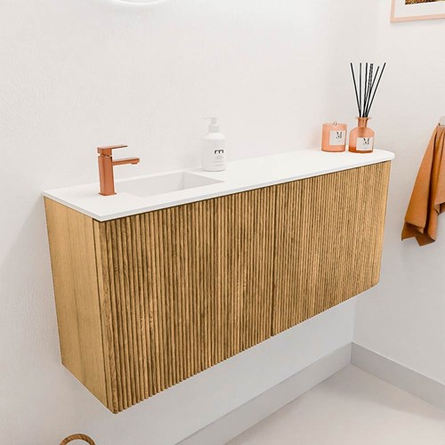 JOYA 101,6cm meuble lave-main courbe droite couleur Oak. Lavabo FAYE position Gauche 1 trou pour robinetter couleur Talc.-3