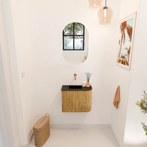 JOYA 51,6cm mueble fondo reducido curva derecha color Oak. Lavabo FAYE posición Izquierda sin orificio color Urban.-2