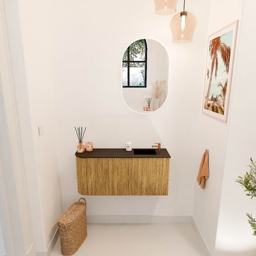 JOYA 91,6cm cloakroom vanity set curve left color Oak. Vanity top FAYE position Right 1 tab hole color Urban.-2