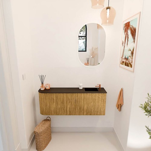 JOYA 111,6cm mueble fondo reducido curva izquierda color Oak. Lavabo FAYE posición Derecho 1 orificio color Urban.-2