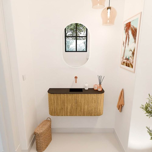 JOYA 93,2cm toiletmeubel ronding links + rechts kleur Oak. Wastafel FAYE positie Midden Zonder kraangat kleur Urban.-2