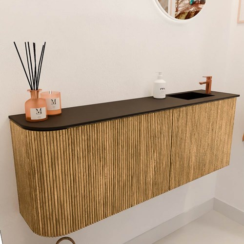JOYA 111,6cm mueble fondo reducido curva izquierda color Oak. Lavabo FAYE posición Derecho 1 orificio color Urban.-3