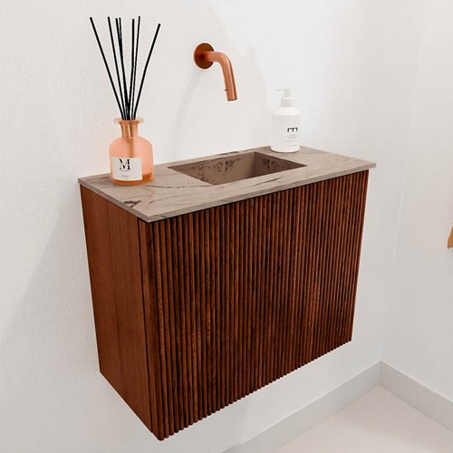 JOYA-DLUX 50cm mueble fondo reducido color Ruby. Lavabo FAYE posición Derecho sin orificio color Arena.-3