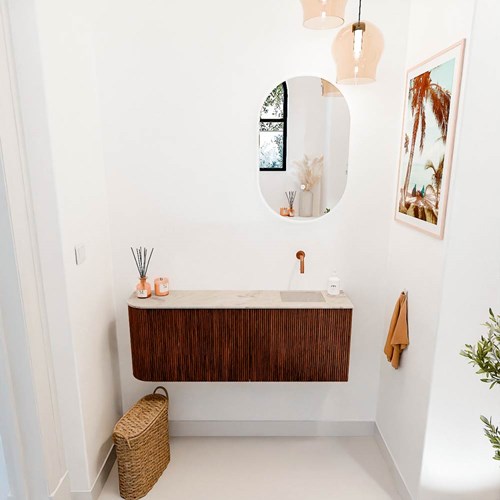 JOYA-DLUX 111,6cm mobile lavabo colore curva sinistra Ruby. Lavabo FAYE posizione Destra senza foro per il rubinetto colore Frappe.-2