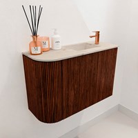 JOYA-DLUX 61,6cm mueble fondo reducido curva izquierda color Ruby. Lavabo FAYE posición Derecho 1 orificio color Frappe.-3