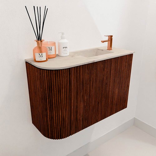 JOYA-DLUX 61,6cm mueble fondo reducido curva izquierda color Ruby. Lavabo FAYE posición Derecho 1 orificio color Frappe.-3