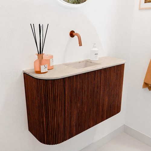 JOYA-DLUX 73,2cm meuble lave-main courbe gauche + droite couleur Ruby. Lavabo FAYE position Centrée sans trou pour robinet couleur Frappe.-3
