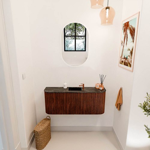 JOYA-DLUX 103,2cm mueble fondo reducido curva izquierda + derecha color Ruby. Lavabo FAYE posición Centro 1 orificio color Lava.-2