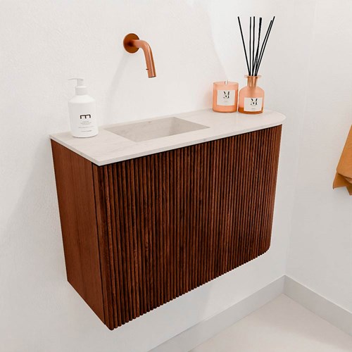 JOYA-DLUX 61,6cm mueble fondo reducido curva derecha color Ruby. Lavabo FAYE posición Izquierda sin orificio color Meli.-3