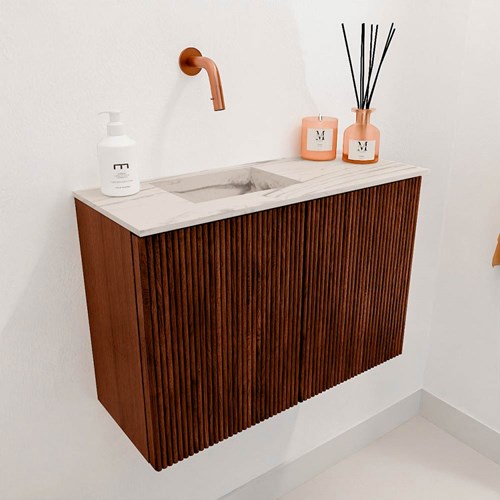 JOYA-DLUX 60cm meuble lave-main couleur Ruby. Lavabo FAYE position Gauche sans trou pour robinet couleur Nata.-3