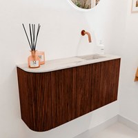 JOYA-DLUX 81,6cm mueble fondo reducido curva izquierda color Ruby. Lavabo FAYE posición Derecho sin orificio color Nata.-3