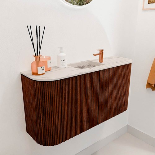 JOYA-DLUX 83,2cm mueble fondo reducido curva izquierda + derecha color Ruby. Lavabo FAYE posición Centro 1 orificio color Nata.-3